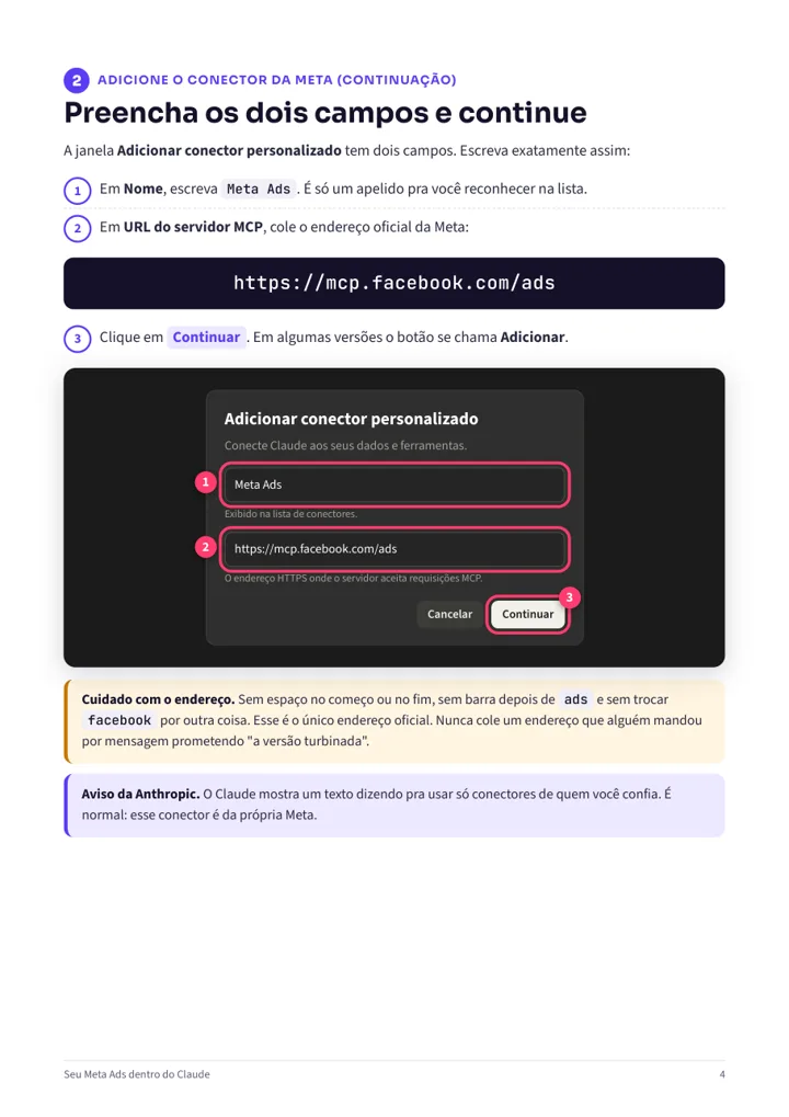 Página do passo 2 com a tela de adicionar conector personalizado