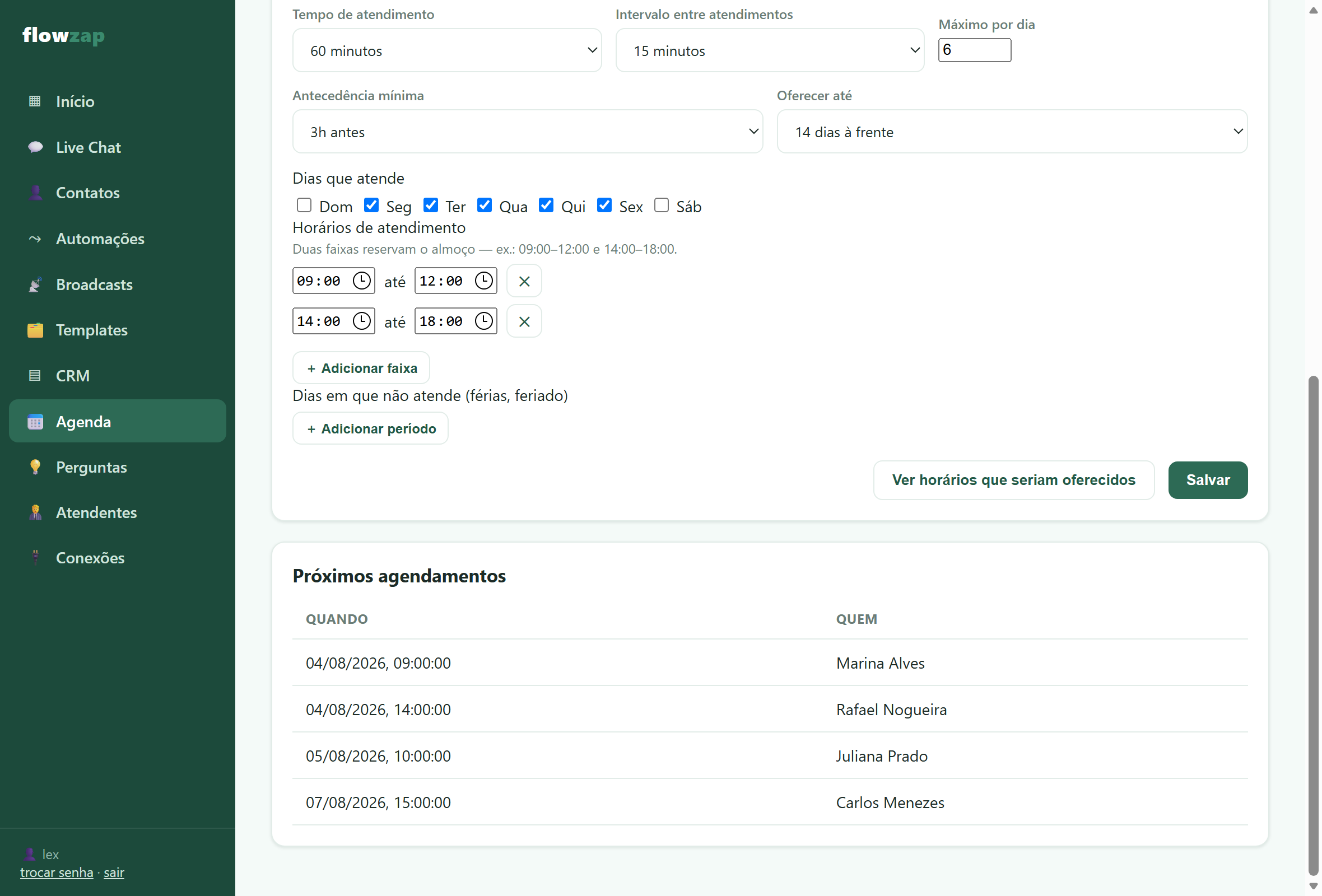 Tela de configuração da agenda do flowzap, com tempo de atendimento, intervalo, máximo por dia, dias e faixas de horário