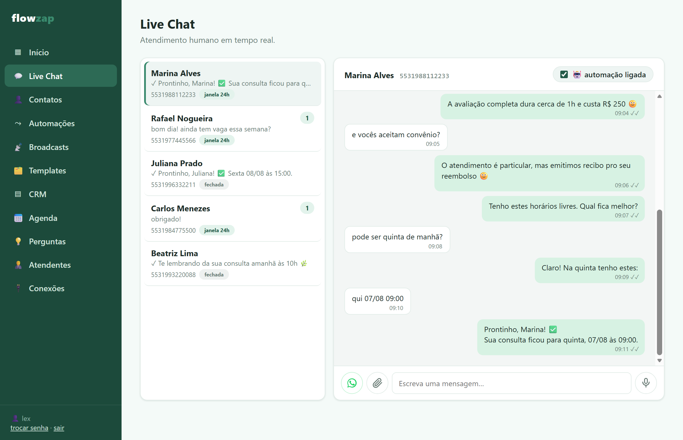 Painel do flowzap na tela Live Chat, com a lista de conversas à esquerda e o atendimento da Marina aberto à direita