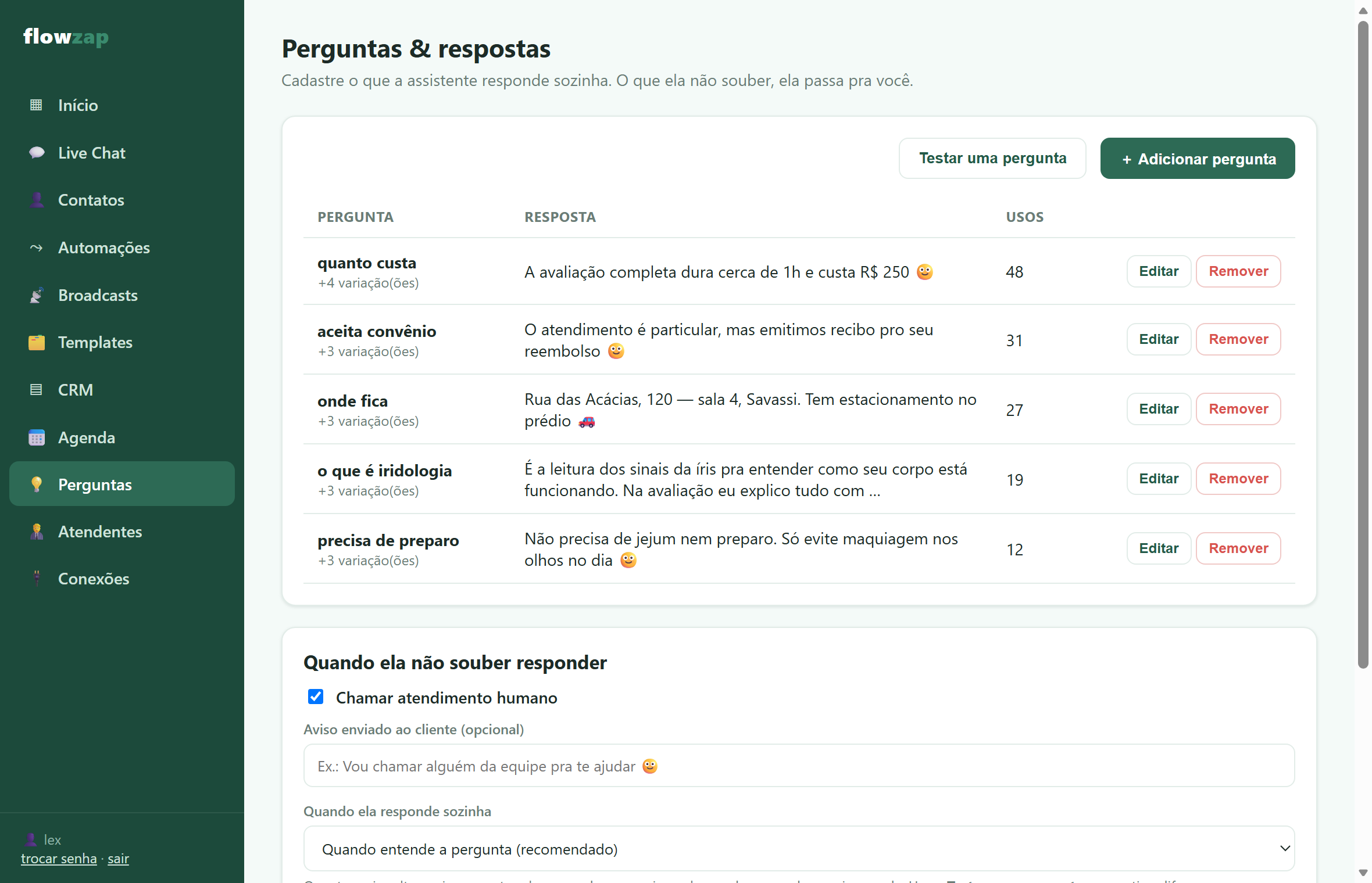 Tela de perguntas e respostas do flowzap, com cinco perguntas cadastradas e a contagem de quantas vezes cada uma foi usada